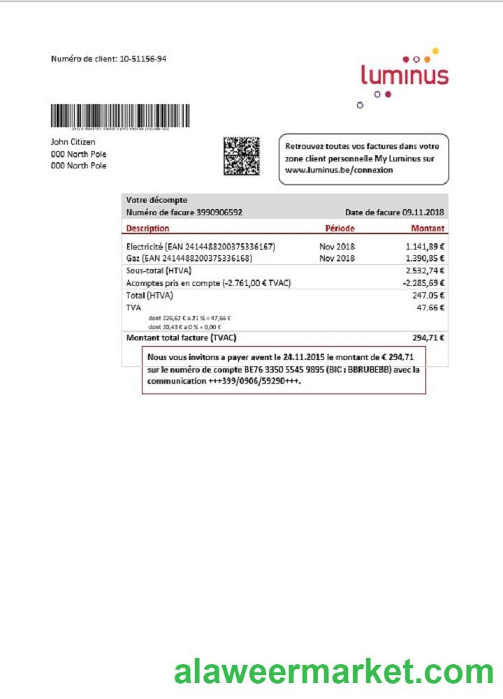 Belgium Luminus utility bill template in Word and PDF format (in .doc and .pdf format)
